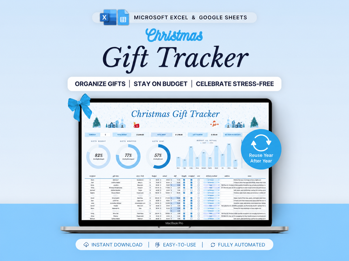 christmas tracker, gift planner, gift budget, christmas gifts, holiday planner, shopping tracker, gift list, , google sheets, christmas budget, gift organizer, digital planner, christmas spreadsheet