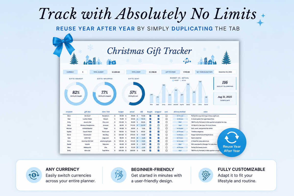 christmas tracker, gift planner, gift budget, christmas gifts, holiday planner, shopping tracker, gift list, excel template, google sheets, christmas budget, gift organizer, digital planner, christmas spreadsheet