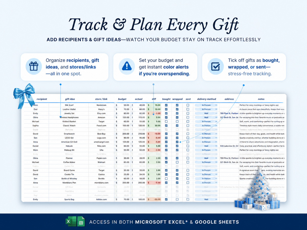 christmas gift tracker  

christmas budget planner  
christmas shopping tracker  
christmas gift list  
christmas gift list spreadsheet  
christmas gift tracker spreadsheet  
christmas budget spreadsheet  
christmas shopping spreadsheet  
christmas planner spreadsheet  
holiday gift tracker  
holiday gift planner  
holiday budget planner  
holiday shopping tracker  
holiday gift list  
holiday budget spreadsheet  
christmas excel template  
christmas excel spreadsheet  
christmas goo